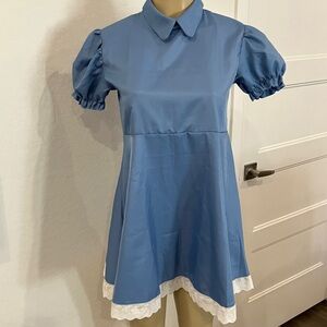 NWOT Source Unknown Blue Puff Sleeve Dress with White Lace Trim